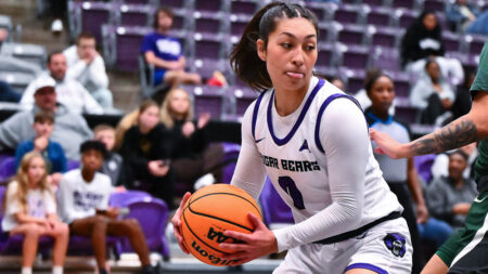 UCA Sugar Bears Jade Upshaw looking for room to drive against Jacksonville