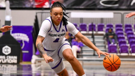 UCA Sugar Bears Cheyanne Kemp drives the lane against Stetson