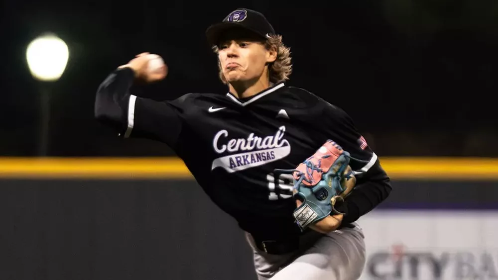 UCA pitcher Charlie Christensen delivers a pitch against Northwestern