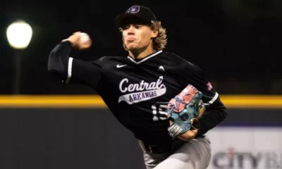 UCA pitcher Charlie Christensen delivers a pitch against Northwestern