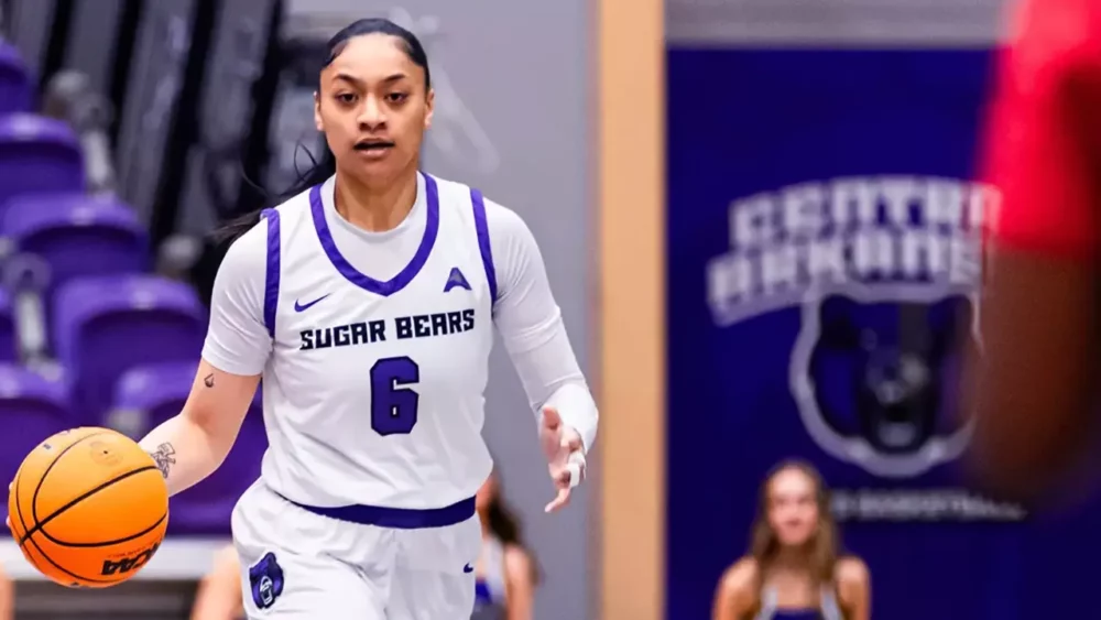 UCA Bears guard Leah Mafua brings the ball upcourt against Austin Peay