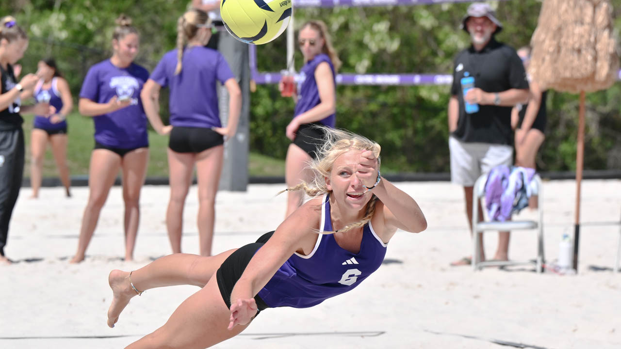Bears volleyball player Reegan Stewert returns a shot in theUCA Beach Invitational